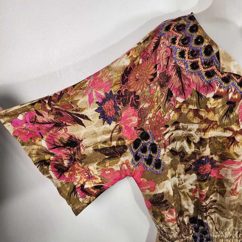 Chicos Peacock Floral Print Beaded Smocked Waist Blouse Size 3 US XL Artsy Boho